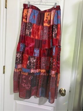 Patchwork Tiered Maxi Skirt in Red Multi